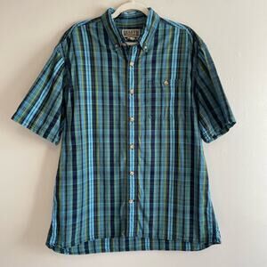 Duluth Size L Plaid Blue Green Button Up Shirt Short Sleeves 100% Cotton